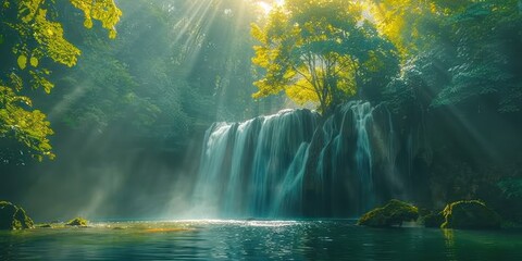 Enchanting waterfall in lush natural forest serene landscape where water cascades over rocks amidst green foliage creating tranquil travel destination perfect for outdoor photography and environmental - obrazy, fototapety, plakaty