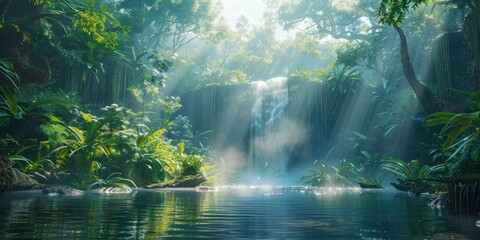 Enchanting waterfall in lush natural forest serene landscape where water cascades over rocks amidst...