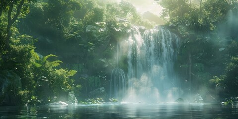 Enchanting waterfall in lush natural forest serene landscape where water cascades over rocks amidst green foliage creating tranquil travel destination perfect for outdoor photography and environmental