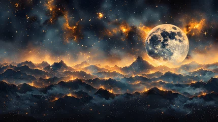 Foto auf Acrylglas Vollmond und Bäume 宇宙の魅力、星と月、惑星のイラスト