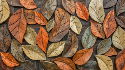 Artistic Wooden Wall Panel Featuring Stylized Leaves, Modern Decorative Design with Diverse Natural...