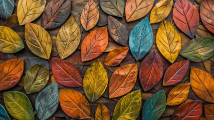 Artistic Wooden Wall Panel Featuring Stylized Leaves, Modern Decorative Design with Diverse Natural Palette, Overlapping Colors, Different Wood Grains, and Various Shades, Ideal for Interior Decoratio