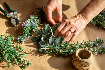 Herbal medicine. Woman's hands preparing sage and others eco friendly medicinal herbs for drying....