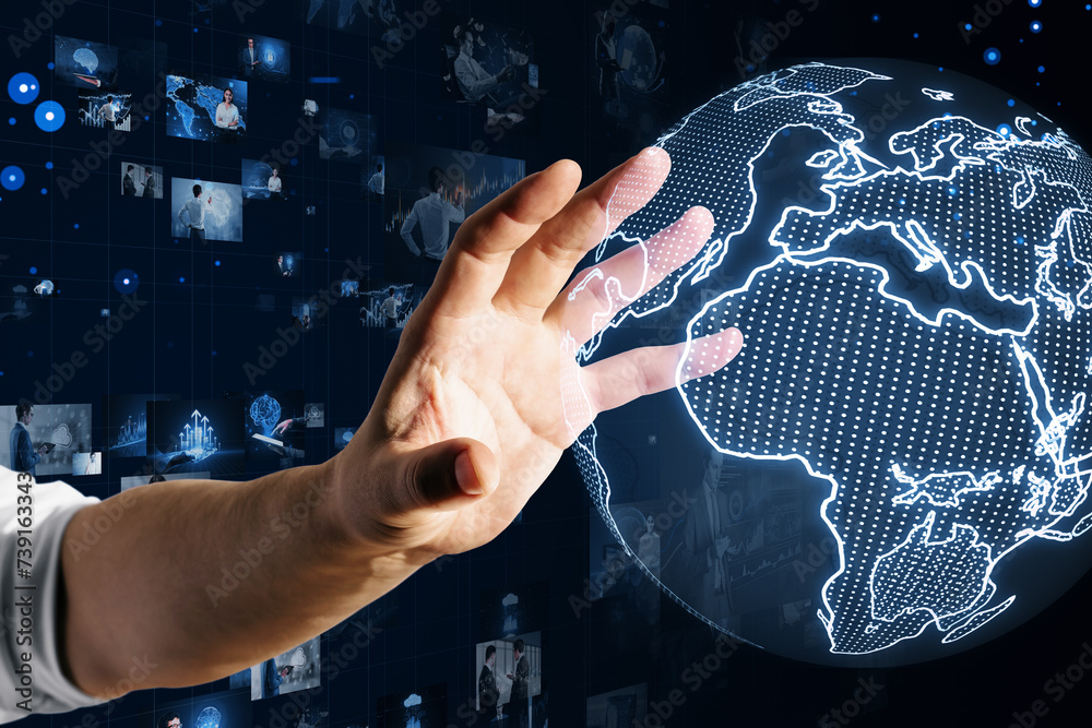 Poster man presenting interactive digital globe, futuristic network concept. dark blue background