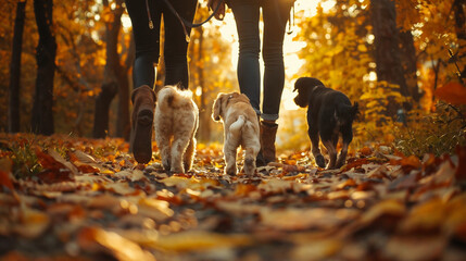 Walking Three Dogs of Various Breeds on Leashes in Autumn Setting, Black Pants and Brown Shoes Worn...