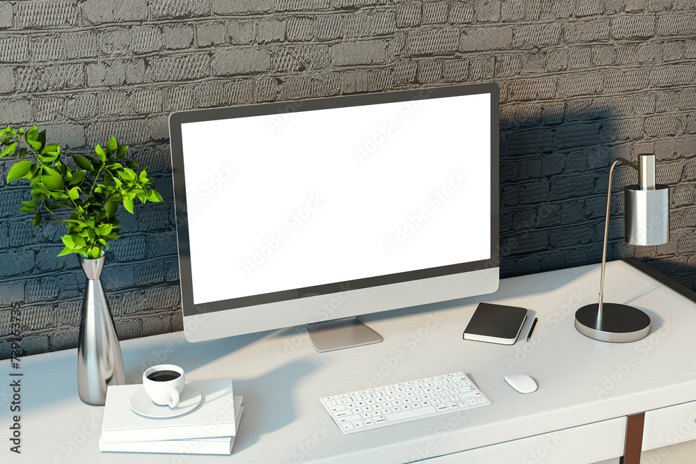 Poster creative designer desktop with empty white computer monitor, lamp, supplies and other items. black b