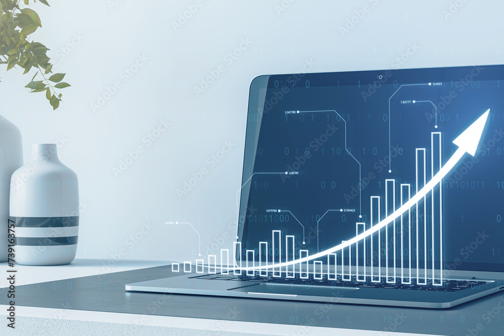 Poster close up of laptop on desk with vase and growing blue business chart with map, binary code and arrow