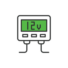 Inverter 12 - 220 V icon in line design, green. Inverter, 12V, 220V, Power, DC, AC, Voltage, Converter isolated on white background vector. Inverter 12 - 220 V editable stroke icon.