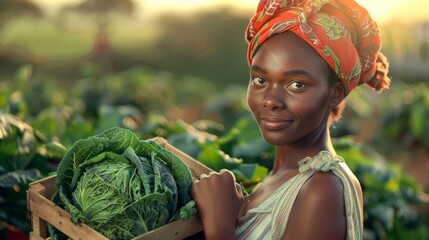 Portrait of a dedicated black woman holding a crate full of fresh cabbage in her hands on the farm outdoors. - 739163928