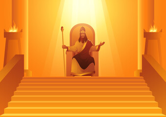 Series of vector illustrations of the biblical figure, King David sitting on a throne with rays of light shining on him as a symbol of Gods covenant with David that his descendant will reign forever