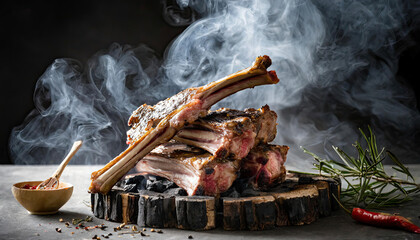 Fresh Cooking of Lamb meat with smoke and flame, closeup; barbecue concept meat fresh raw cut Generated AI