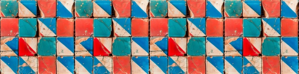 Blue red worn old aged grunge damaged traditional motif tiles texture background banner panorama - Vintage retro cement tile with triangular square, seamless pattern