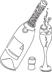 Champagne bottle glass vector lineart illustration
