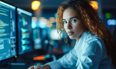 Focused Female Software Developer Working on Computer in a Busy Office, Writing Code and Solving Complex Problems in a Technological Environment