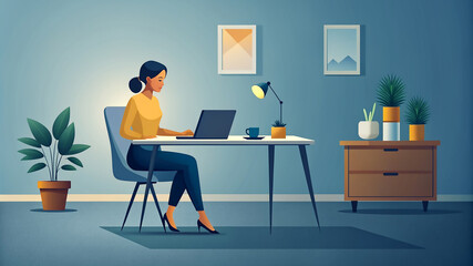 Woman sitting on office desk, illustration. Background. 
