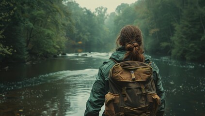 Adventurous female traveler with backpack standing on cliff overlooking river captivating landscape that blends beauty of nature with spirit perfect for showcasing outdoor travel and hiking