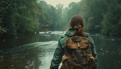 Fotobehang Adventurous female traveler with backpack standing on cliff overlooking river captivating landscape that blends beauty of nature with spirit perfect for showcasing outdoor travel and hiking © Wuttichai