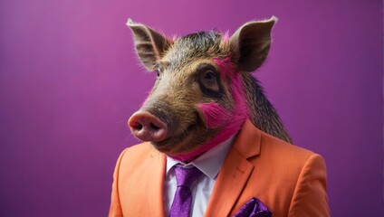 animal friendly boar concept Anthropomorphic wearing suit formal business suit portrait shot on plain on bright color wall