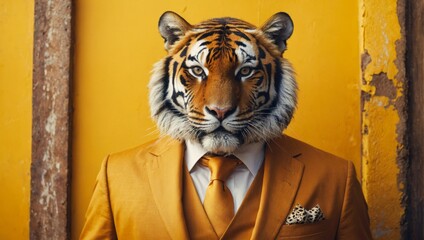 animal friendly tiger concept Anthropomorphic wearing suit formal business suit portrait shot on...