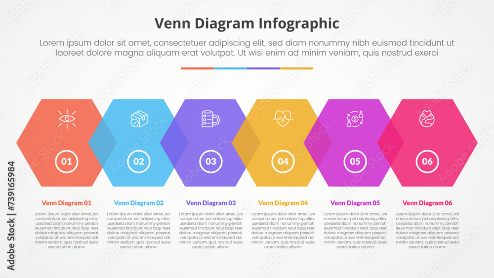 Aufkleber venn diagram infographic concept for slide presentation with hexagon on horizontal shape right direc