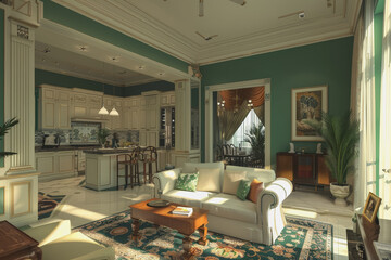interior design, art deco, big living room with kitchen, dark green and pastel pink colors.