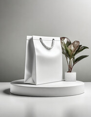 Podium display of Packaging Bag front view Mockup White with shades on color theme Background, Generated AI
