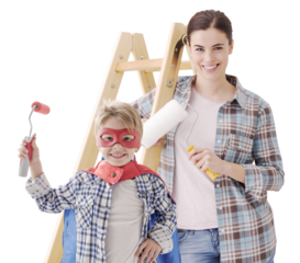 Happy woman and superhero kid painting home