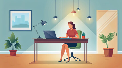 Woman sitting on office desk, illustration. Background. 