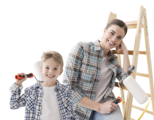 Happy woman and child painting their home