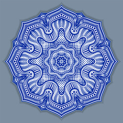 Vector abstract circular mandala design decorative element ethnic style. Blue line and white area for coloring. Shadow around of mandala. Arab, Islam, Indian, Chinese. Yoga illustration.