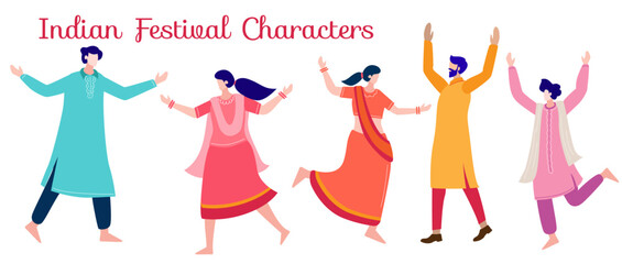 Fototapeta na wymiar Indian people, characters celebrating in traditional festival dress vector illustration