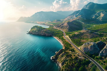 Obraz premium aerial view of a road in a sea beach, mountains shore
