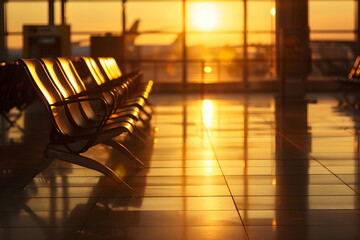 empty airport terminal seats in sunset - obrazy, fototapety, plakaty