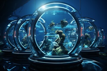 a group of aquariums filled with fish and corals