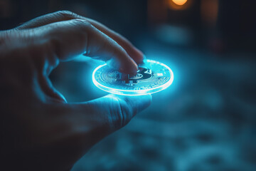Close up of a hand holding a Bitcoin coin, blue halo around the coin. AI Generated