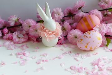 Easter card design. bouquet of tulips and Easter eggs	