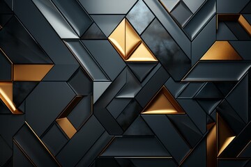 a black and gold geometric background with triangles and squares