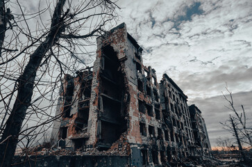 destroyed and burned houses in the city Russia Ukraine war
