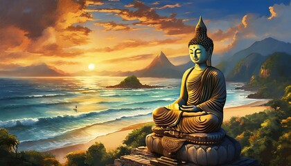 buddha statue on beach, sunset - obrazy, fototapety, plakaty