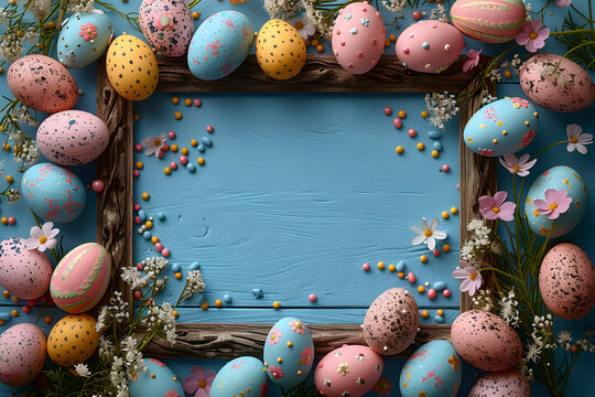 Easter concept. Top view photo of photo frame yellow white blue pink eggs easter bunny ears and sprinkles on isolated pastel blue background with empty space 