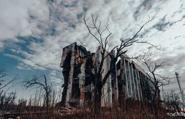 destroyed and burned houses in the city Russia Ukraine war