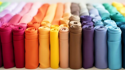 Rolls of bright colored fabric on a white background