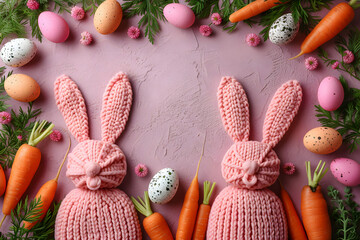 Fototapeta na wymiar Easter celebration concept. Top view photo colorful easter eggs bunny ears backing molds and carrots on isolated pastel pink background with blank space