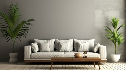 Minimal Scandinavian interior with grey sofa, wooden table, palm leaves, grey wall, and mockup posters