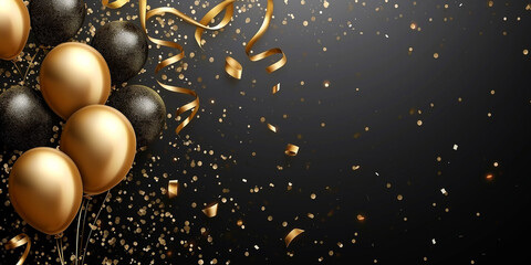 Happy New Year Banner Balloons Golden Confetti on Black Background, golden & black, isolated dark background, confetti, celebration, banner, Generative Ai