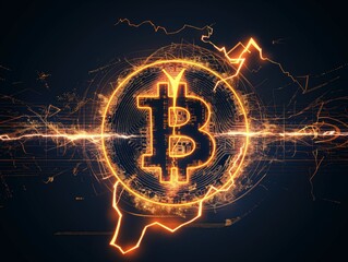 A golden bitcoin  illustration with a lot of connections to the blockchain on black background