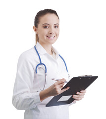 Smiling female doctor holding a clipboard