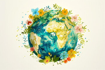Earth day floral watercolor illustration, Planet Earth with flowers