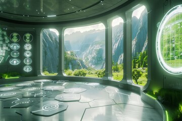 Obraz premium Futuristic Glowing White Data Center Overlooking Spring Green Valley