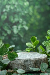 Natural Green Stone Podium with Leaves for Product Display